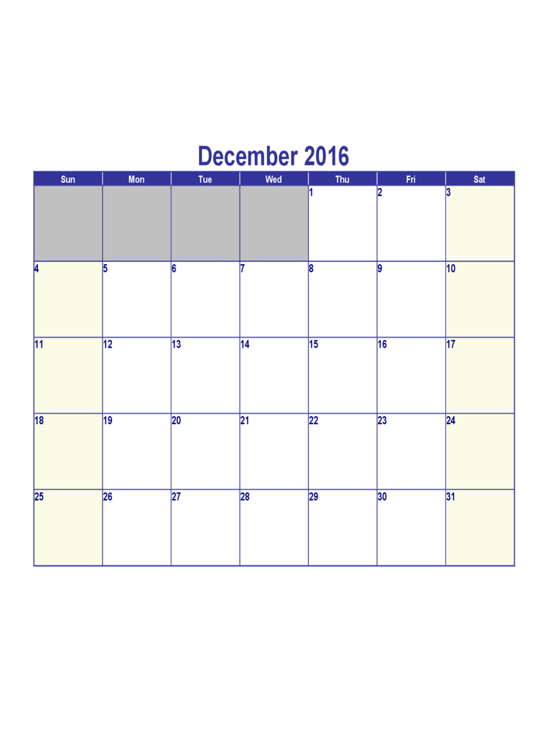 December 2016 Calendar Template