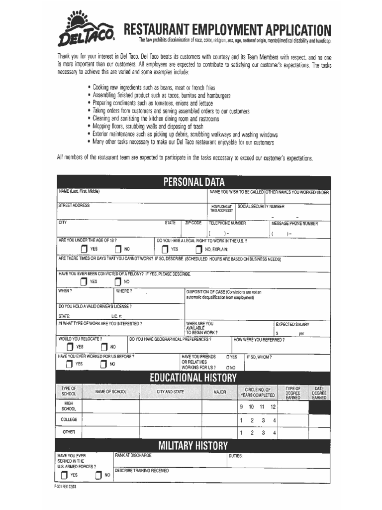 Del Taco Restaurant Employment Application Form