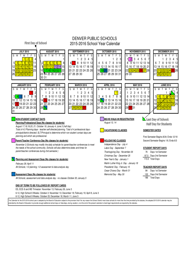 Denver Public Schools 2015-2016 School Year Calendar