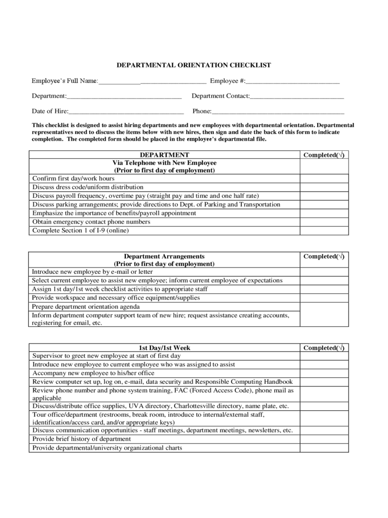 Departmental Orientation Checklist - Virginia