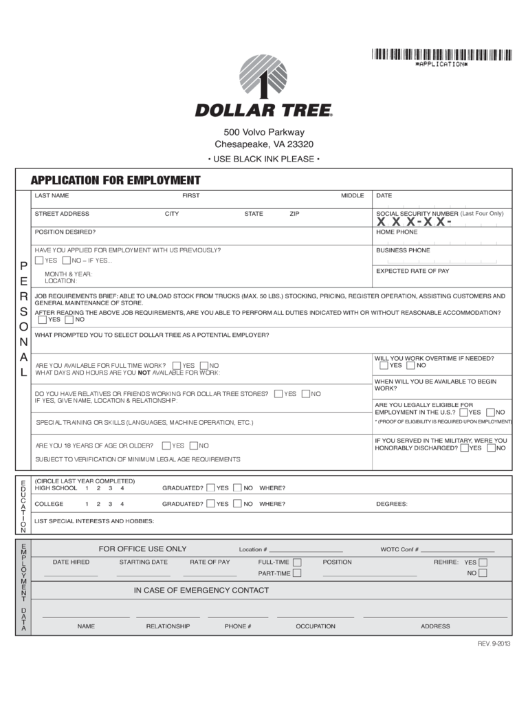 Dollar Tree Application for Employment Form