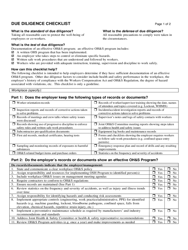 Due Diligence Checklist Template - British Columbia