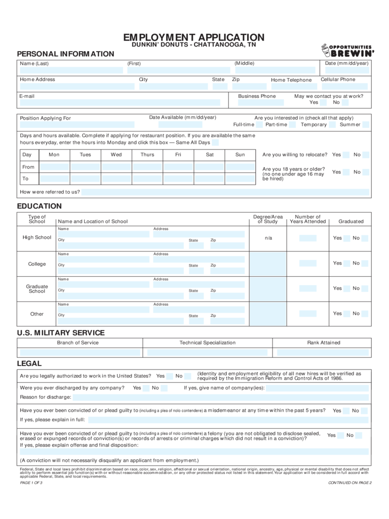 Dunkin' Donuts Employment Application Form