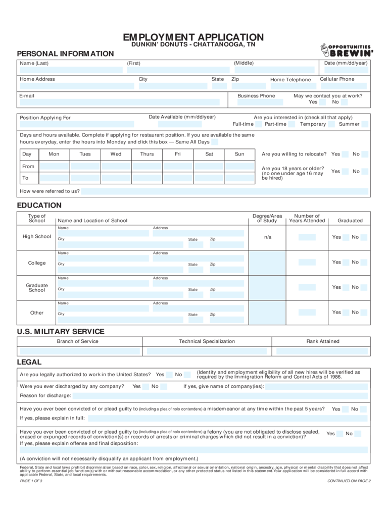 dunkin donuts employment application form edit fill sign online handypdf