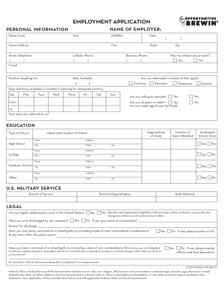 Dunkin' Donuts New Standard Application Form