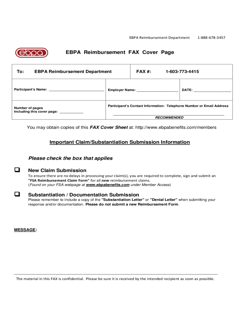 EBPA Confidential Reimbursement FAX Cover Sheet