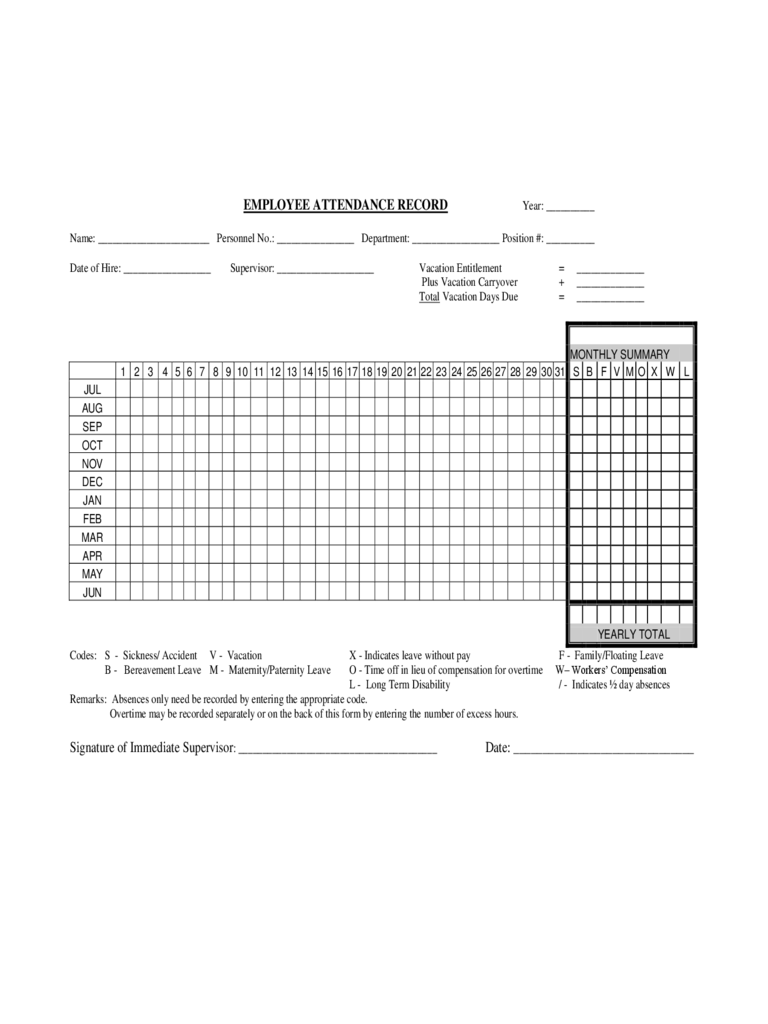 Employee Attendance Record Sheet