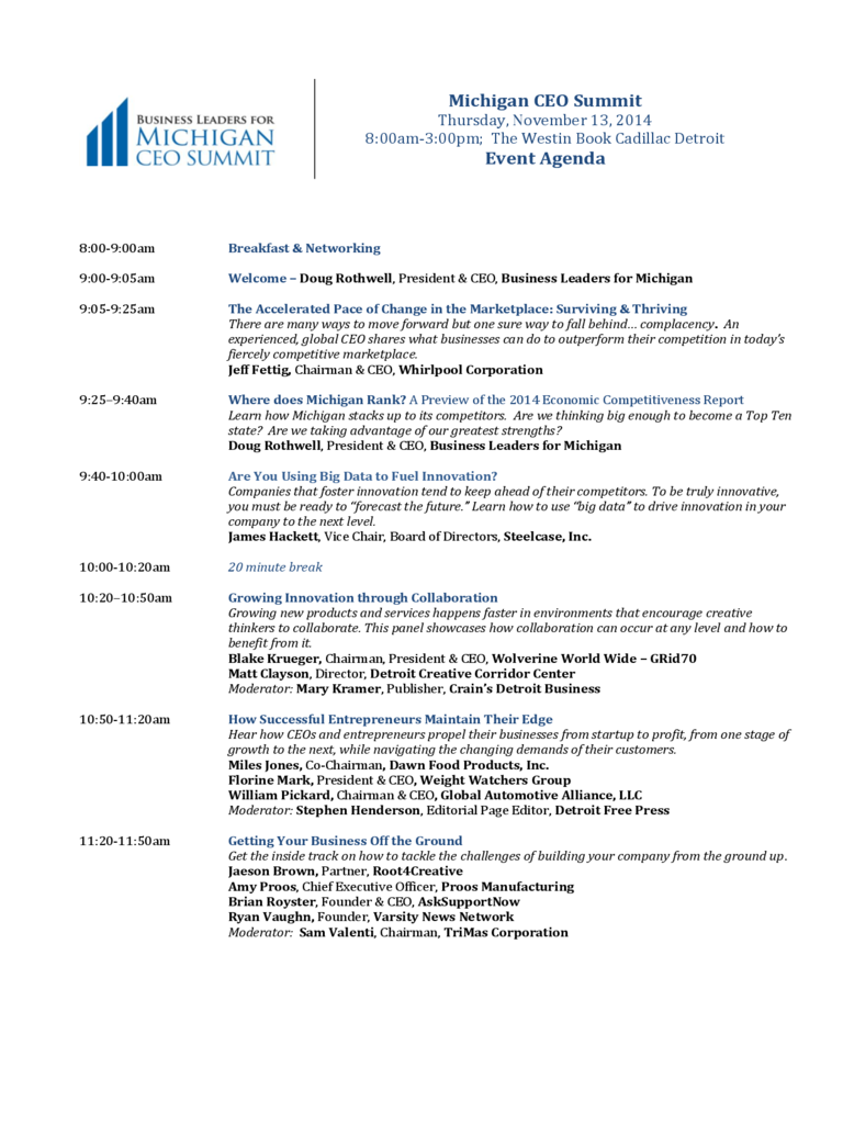 Event agenda - Business Leaders for Michigan