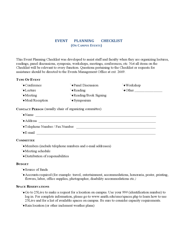 Event Planning Checklist Form - Massachusetts