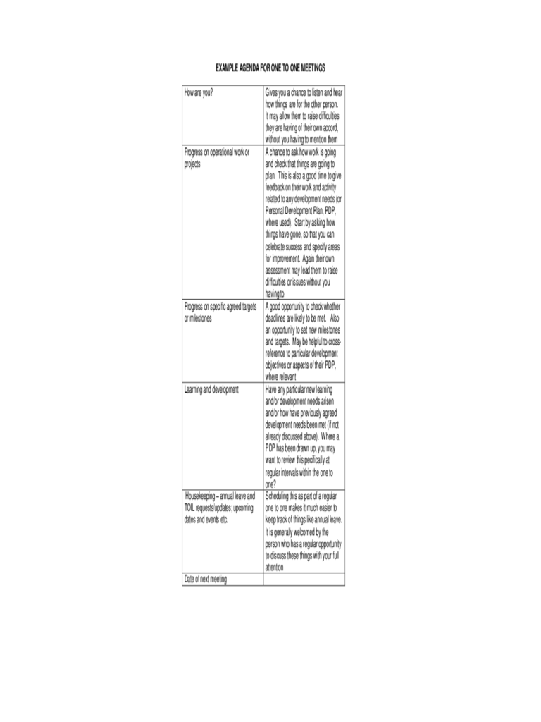 Example Agenda for One to One Meeting