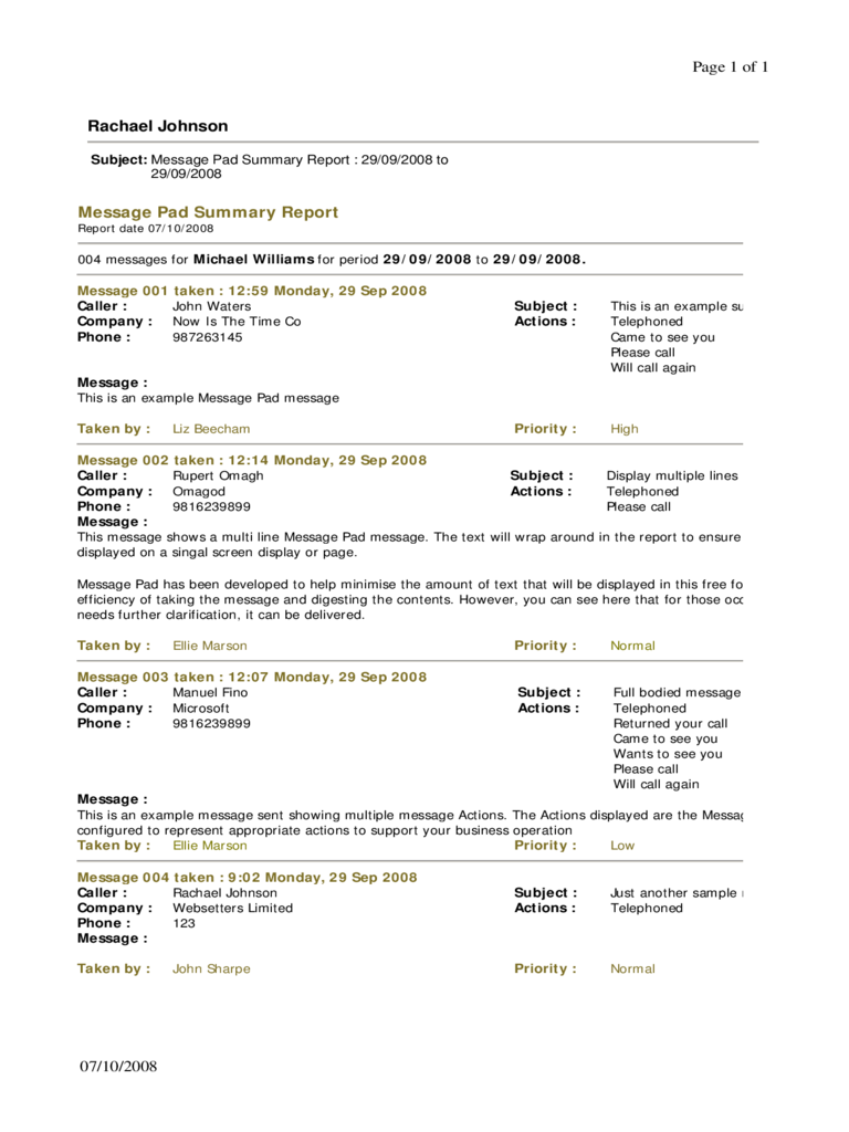 Example Message Pad Summary