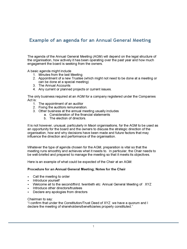 Example of an agenda for an Annual General Meeting