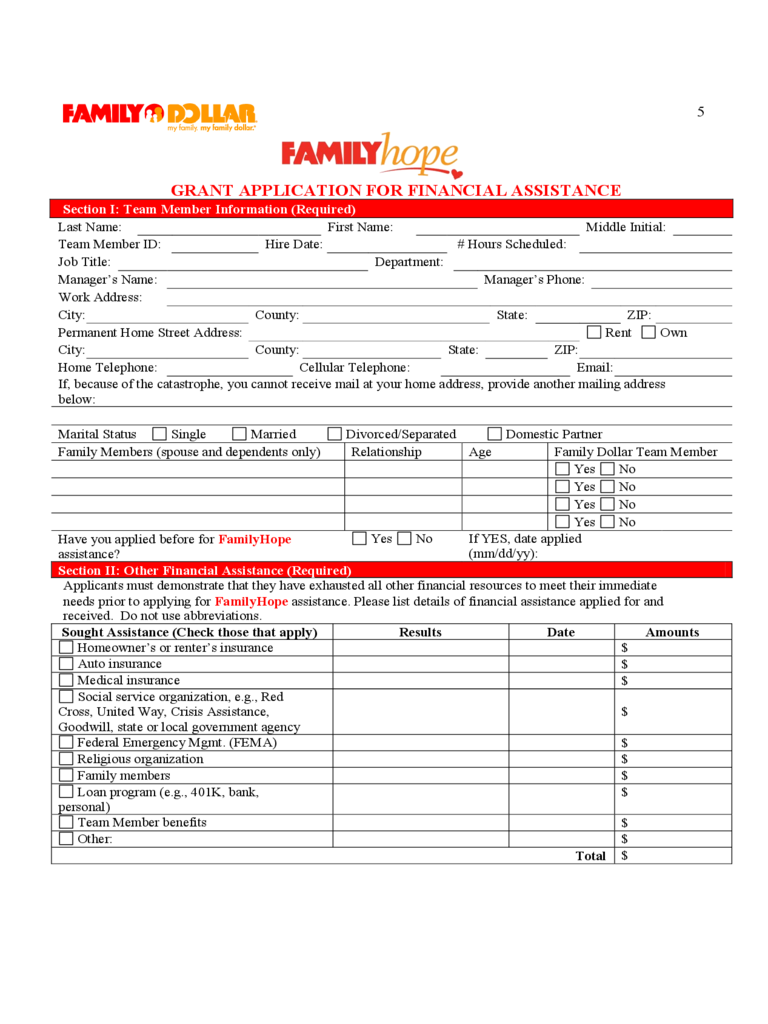 Family Dollar Job Application Form for Financial Assistant