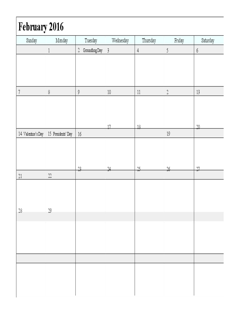 February 2016 Calendar - Edit, Fill, Sign Online | Handypdf