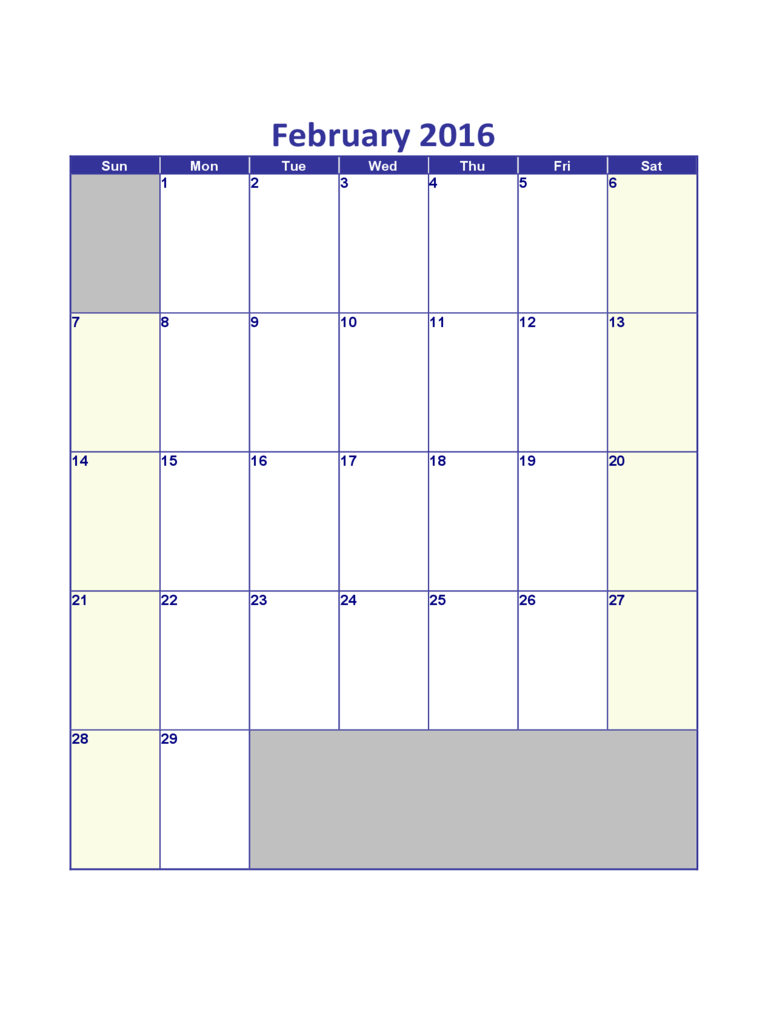 February 2016 Calendar Sample