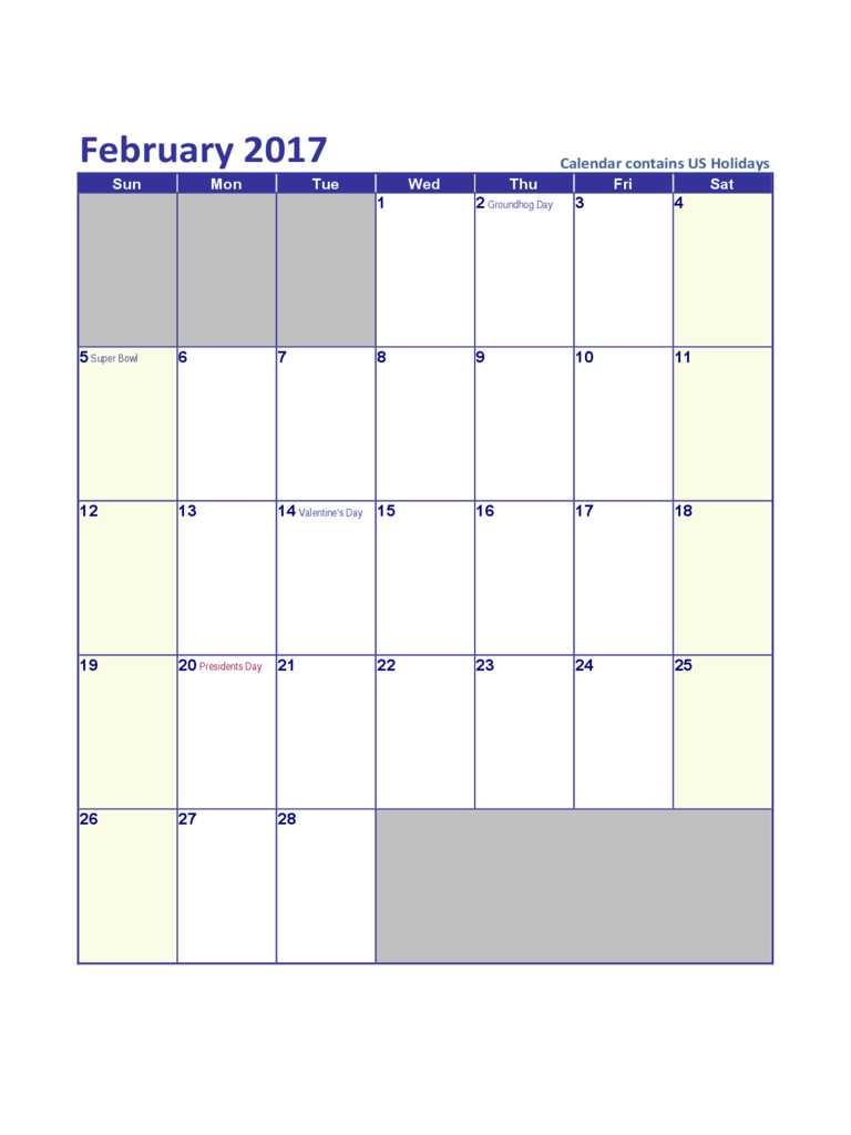 February 2017 US Calendar with Holidays
