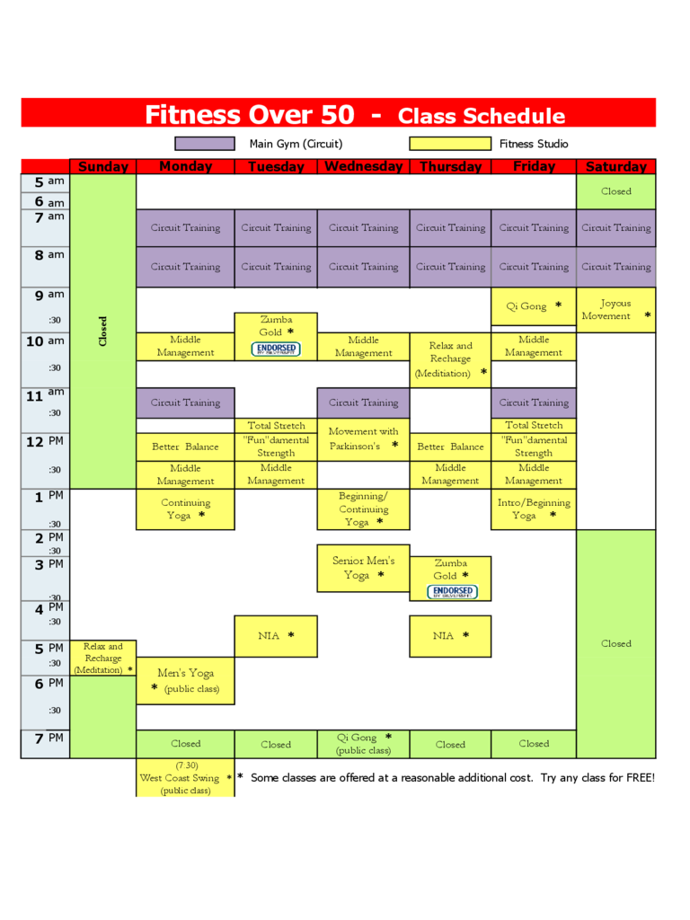 Fitness over 50 - Class Schedule