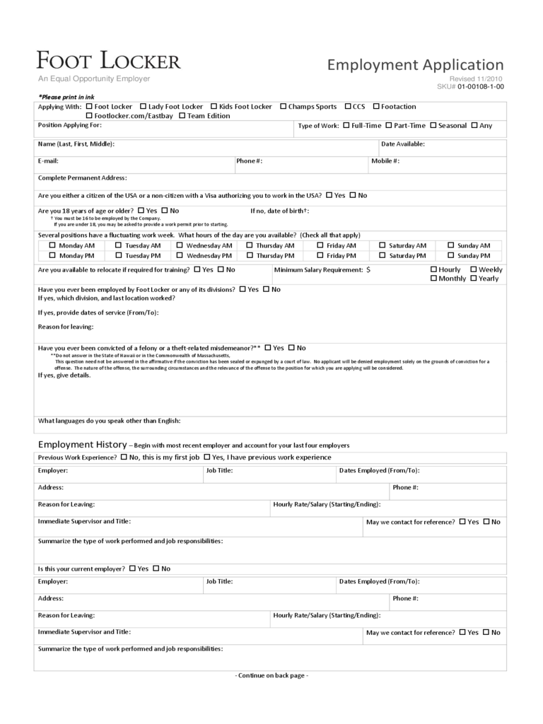 Foot Locker Employment Application Form
