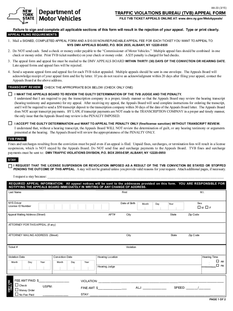 Form AA-33 - TVB Appeal Form - New York