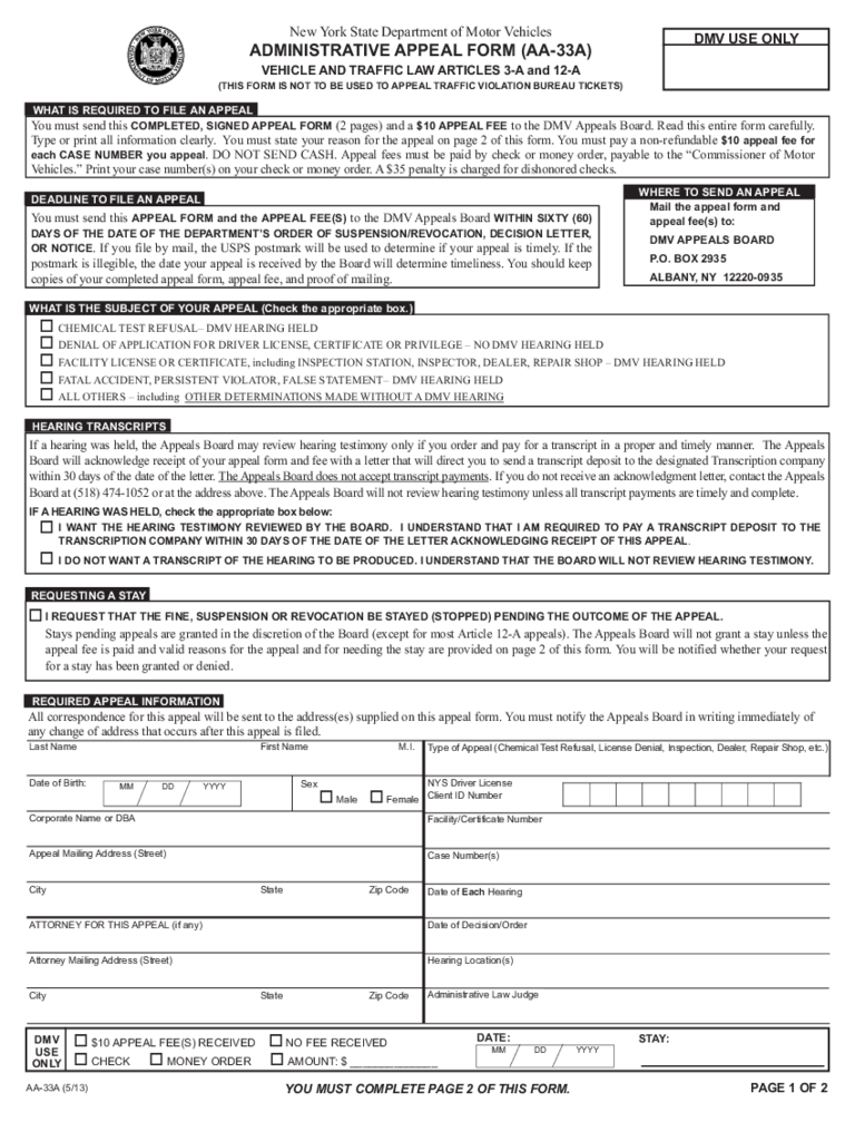 Form AA-33A - Administrative Appeal Form - New York