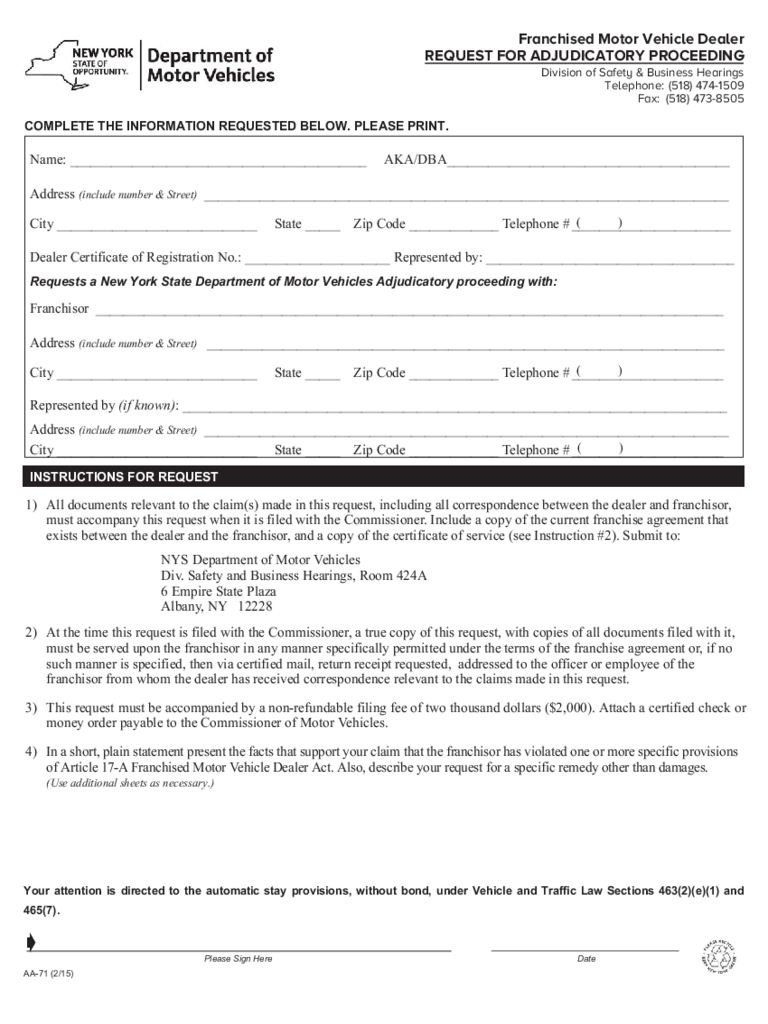 Form AA-71 - Vehicle Dealer Request for Adjudicatory Proceeding - New York