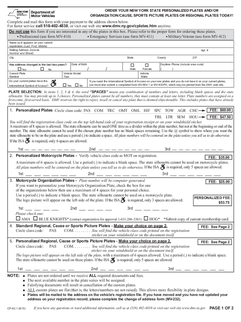 Form CP-62.1 - Order Form for Personalized Plates - New York