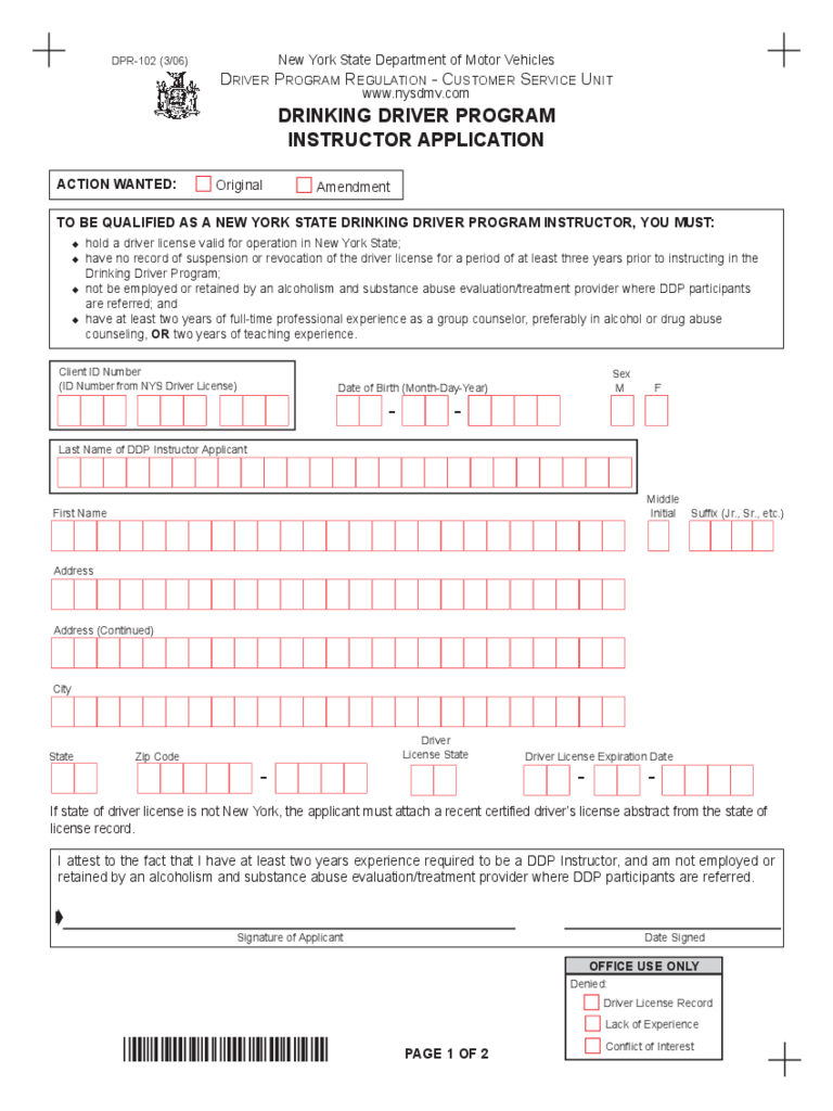 Form DPR-102 - Drinking Driver Program Instructor Application - New York