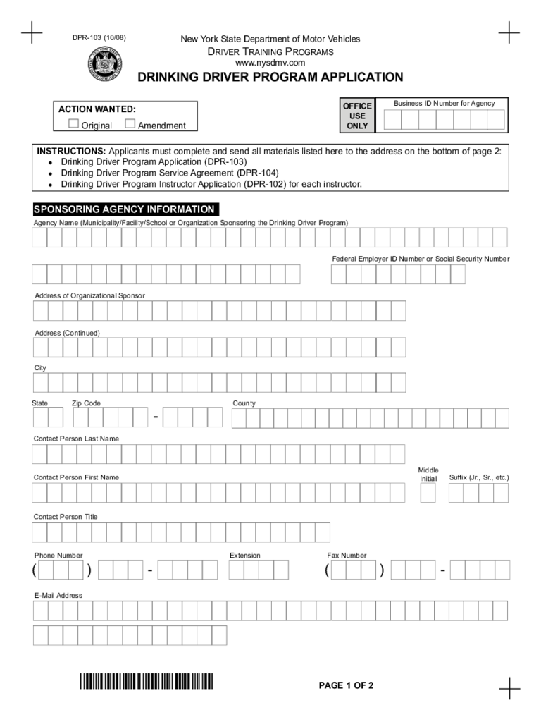 Form DPR-103 - Drinking Driver Program Application - New York