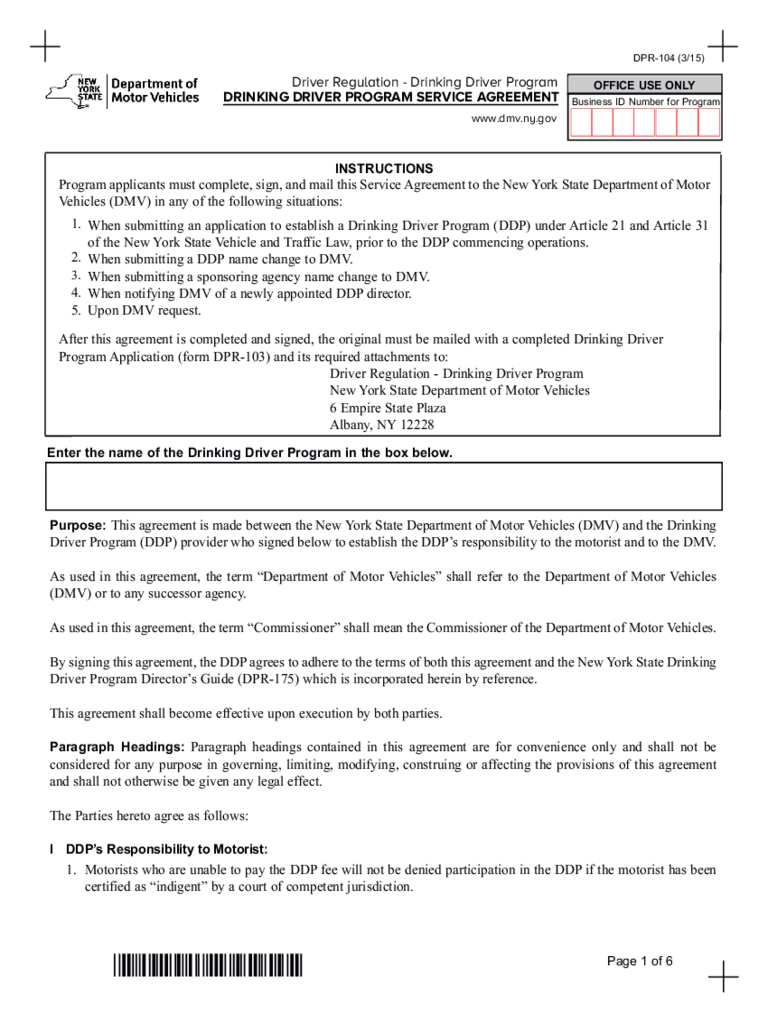Form DPR-104 - Drinking Driver Program Service Agreement - New York