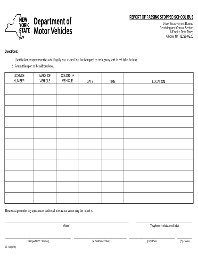 Form DS-103 - Report of Passing Stopped School Bus - New York