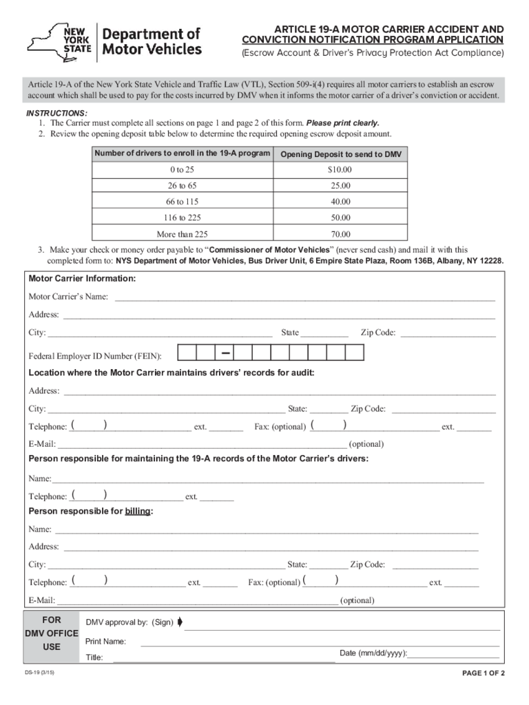 Form DS-19 - Motor Carrier Accident and Conviction Notification Program Application - New York