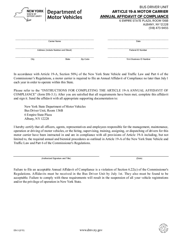 Form DS-3 - Article 19-A Annual Affidavit of Compliance - New York
