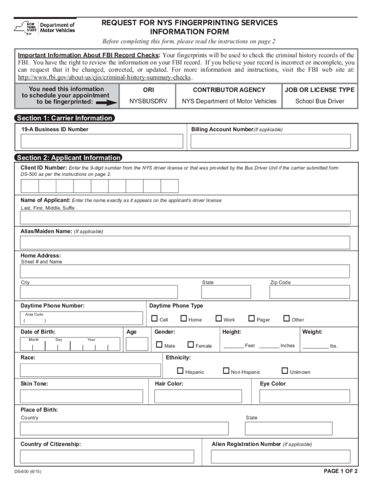 Form DS-600 - Request for Fingerprinting Services - New York