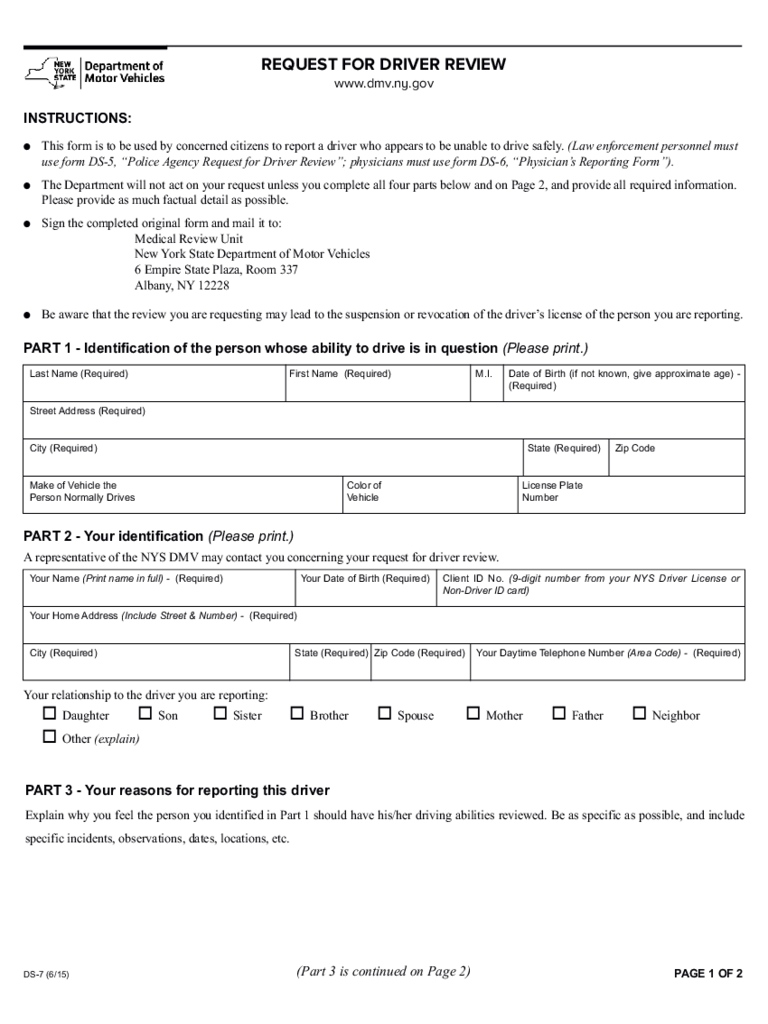 Form DS-7 - Request for Driver Review - New York