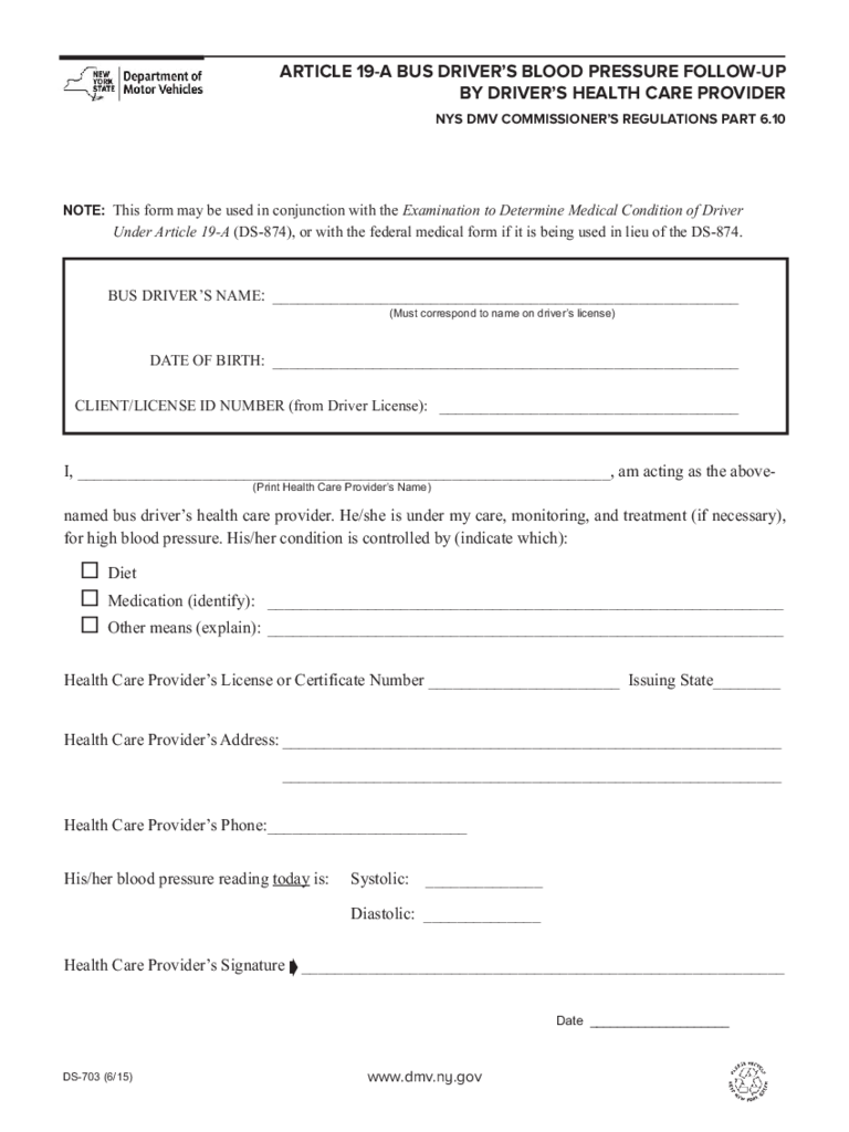 Form DS-703 - Article 19-A Bus Driver's Blood Pressure Follow-Up - New York