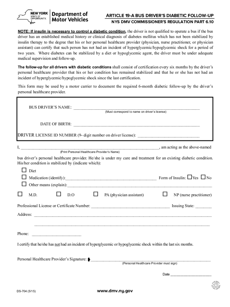 Form DS-704 - Article 19-A Bus Driver's Diabetic Follow-Up - New York