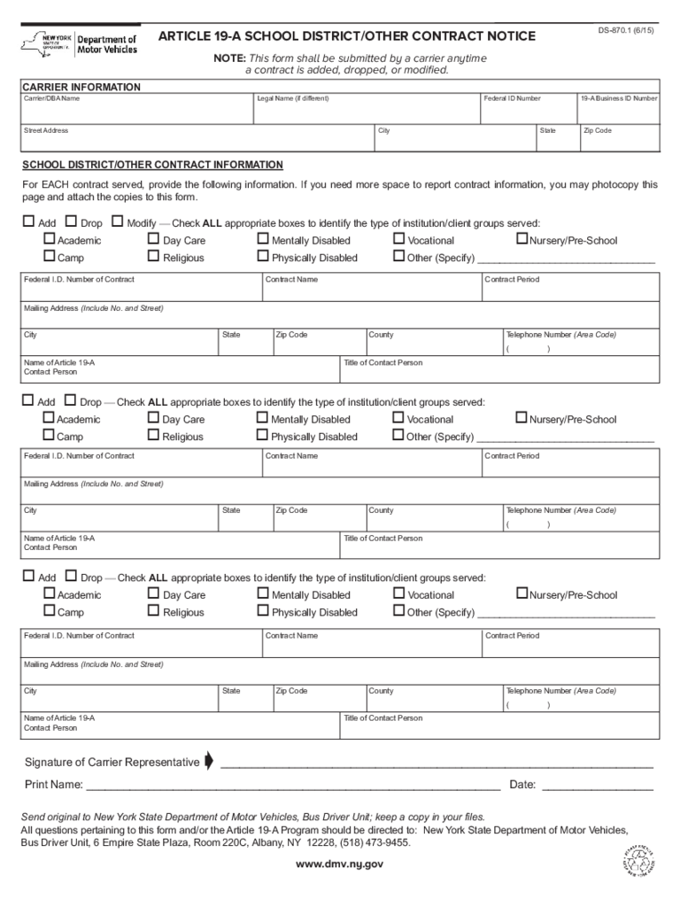 Form DS-8701 - Article 19-A School District/Other Contract Notice - New York