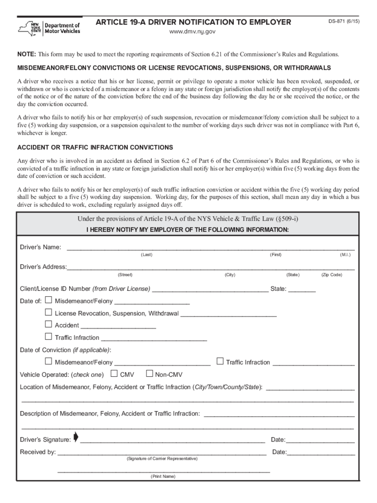 Form DS-871 - Article 19-A Driver Notification to Employer - New York