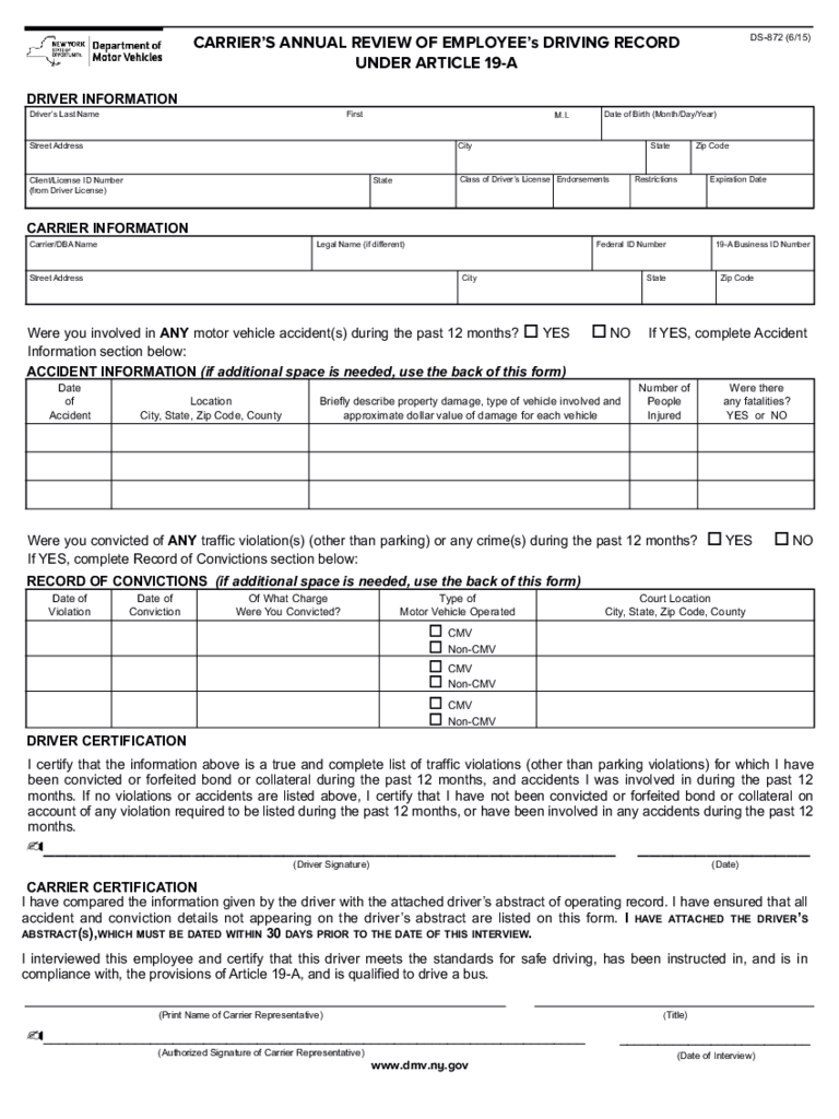 Form DS-872 - Carrier's Annual Review of Employee's Driving Record - New York