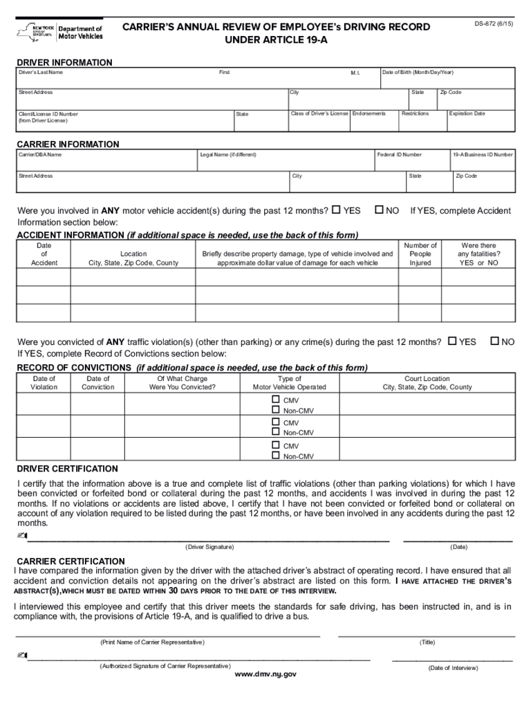 Form DS 872 Carrier #39 s Annual Review of Employee #39 s Driving Record