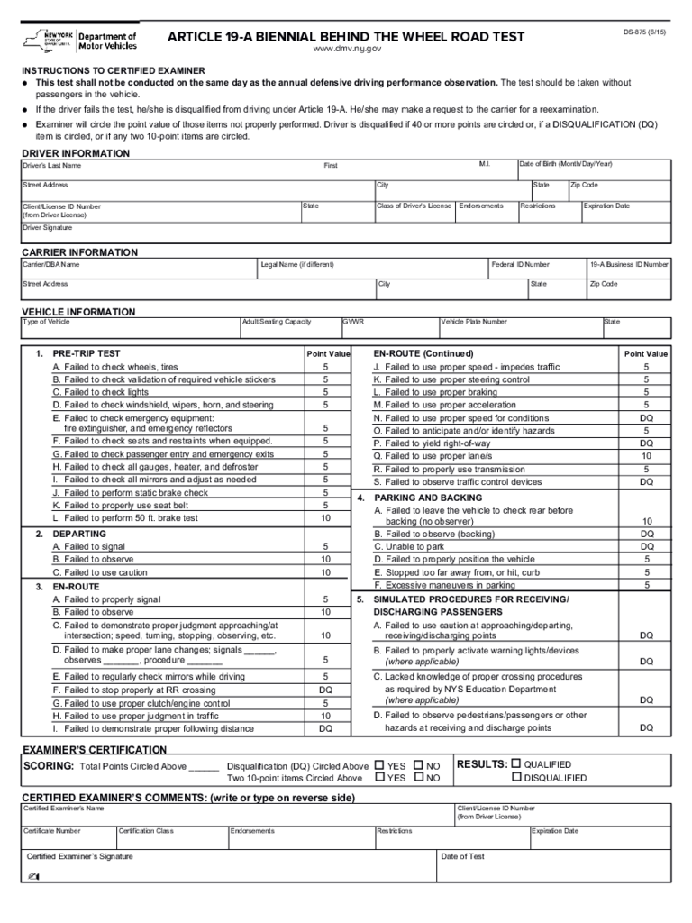 Form DS-875 - Article 19-A Biennial Behind the Wheel Road Test - New York
