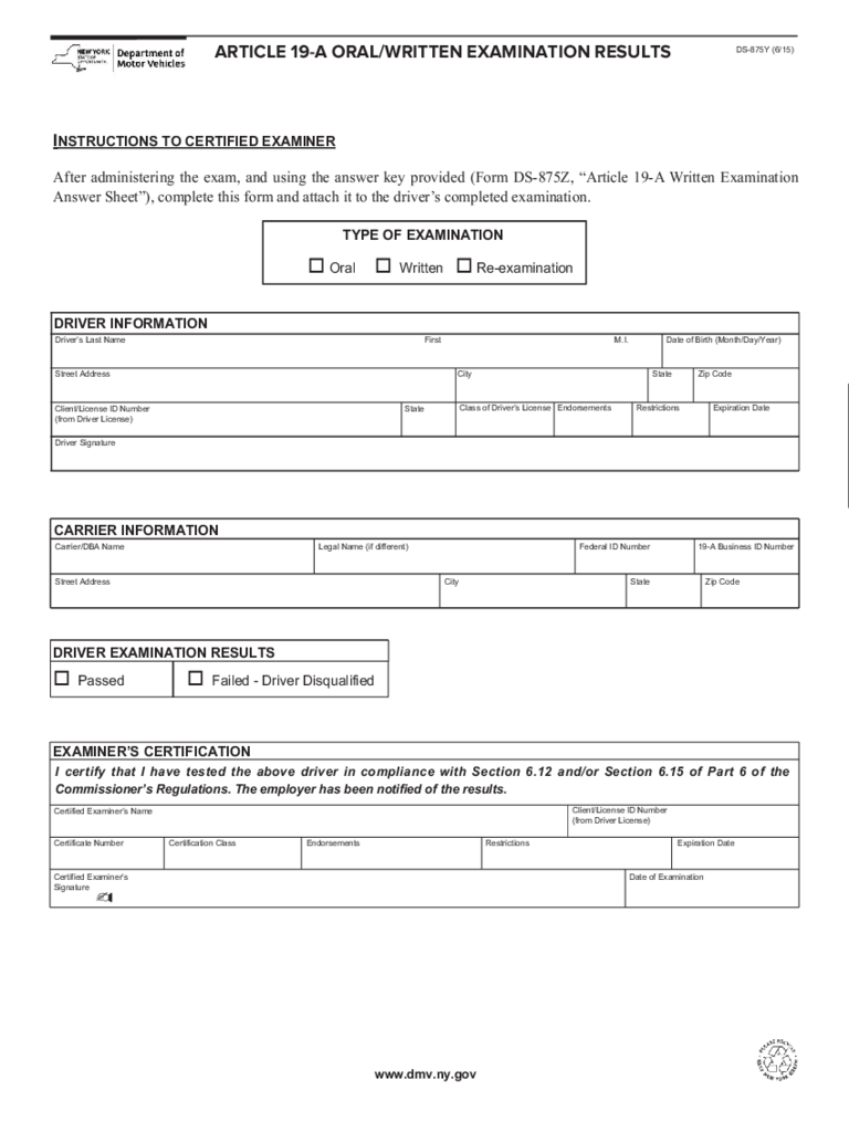 Form DS-875Y - Article 19-A Oral/Written Examination Results - New York