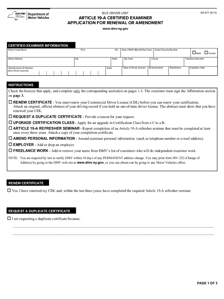 Form DS-877 - Article 19-A Certified Examiner Application Form - New York