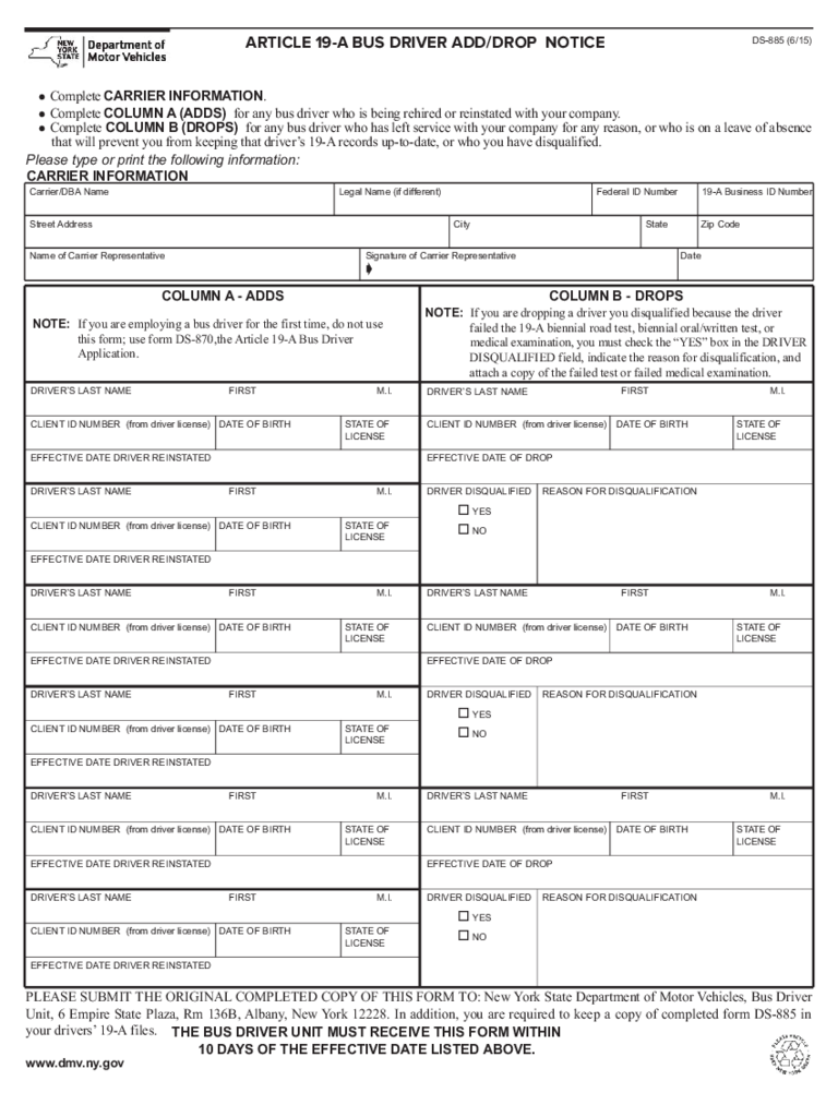 Form DS-885 - Bus Driver Add/Drop Notice - New York