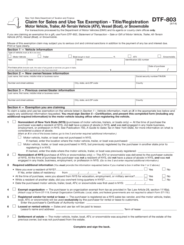 Form DTF-803 - Claim for Sales and Use Tax Exemption - New York