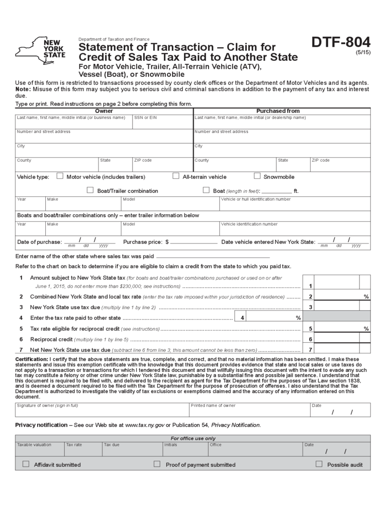 Form DTF-804 - Claim for Credit of Sales Tax Paid to Another State - New York