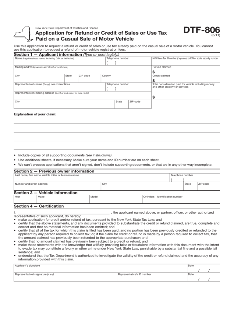 Form DTF-806 - Application for Refund or Credit of Sales - New York