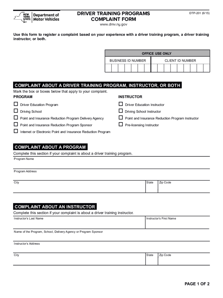 Form DTP-201 - Driver Training Programs Complaint Form - New York