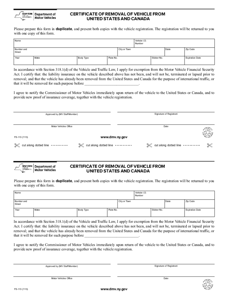Form FS-113 - Certificate of Removal from US and Canada - New York
