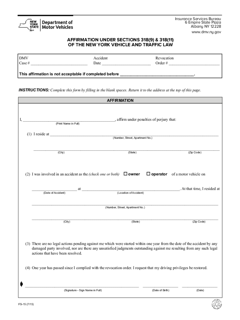 Form FS-15 - Affirmation Under Vehicle and Traffic Law - New York